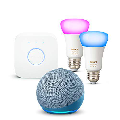 Nuevo Echo Dot (4.ª generación), Azul grisáceo + Philips Hue Bombilla Inteligente Starter Kit (2x E27)