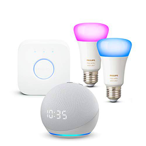 Nuevo Echo Dot (4.ª generación) con reloj, Blanco + Philips Hue Bombilla Inteligente Starter Kit (2x E27)