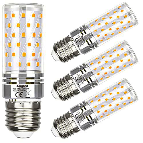 Aogled Bombilla Led E27 12W 3000K,Equivalente Lámpara Halógena De 100W,Blanco Cálido,1200lm,ángulo 360,Tornillo Edison E27,No Regulable,Sin Parpadeo,AC 85-265V,E27 Iluminación Led,4 Unidades