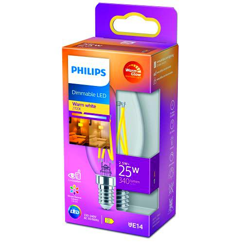 Philips LED - Bombilla LED Clásica Vela y Brillo, B35 E14