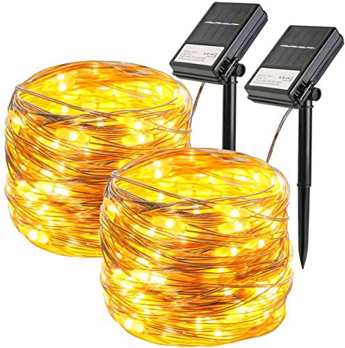 Pack de 2 cadenas de luces solares de 33 pies 100 luces LED solares y con pilas para exteriores