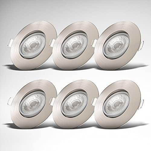 B.K.Licht I Juego de 6 luces LED empotradas I Giratorio I Infinitamente regulable I Ultra plano 24mm I Ø90mm I Níquel mate I LED de 5W I 460 lumen I 3.000K blanco cálido I IP23 I Foco empotrado