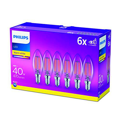 Philips LED Classic Bombilla E14, 4 W, Blanco Cálido, 6, 6 Pack